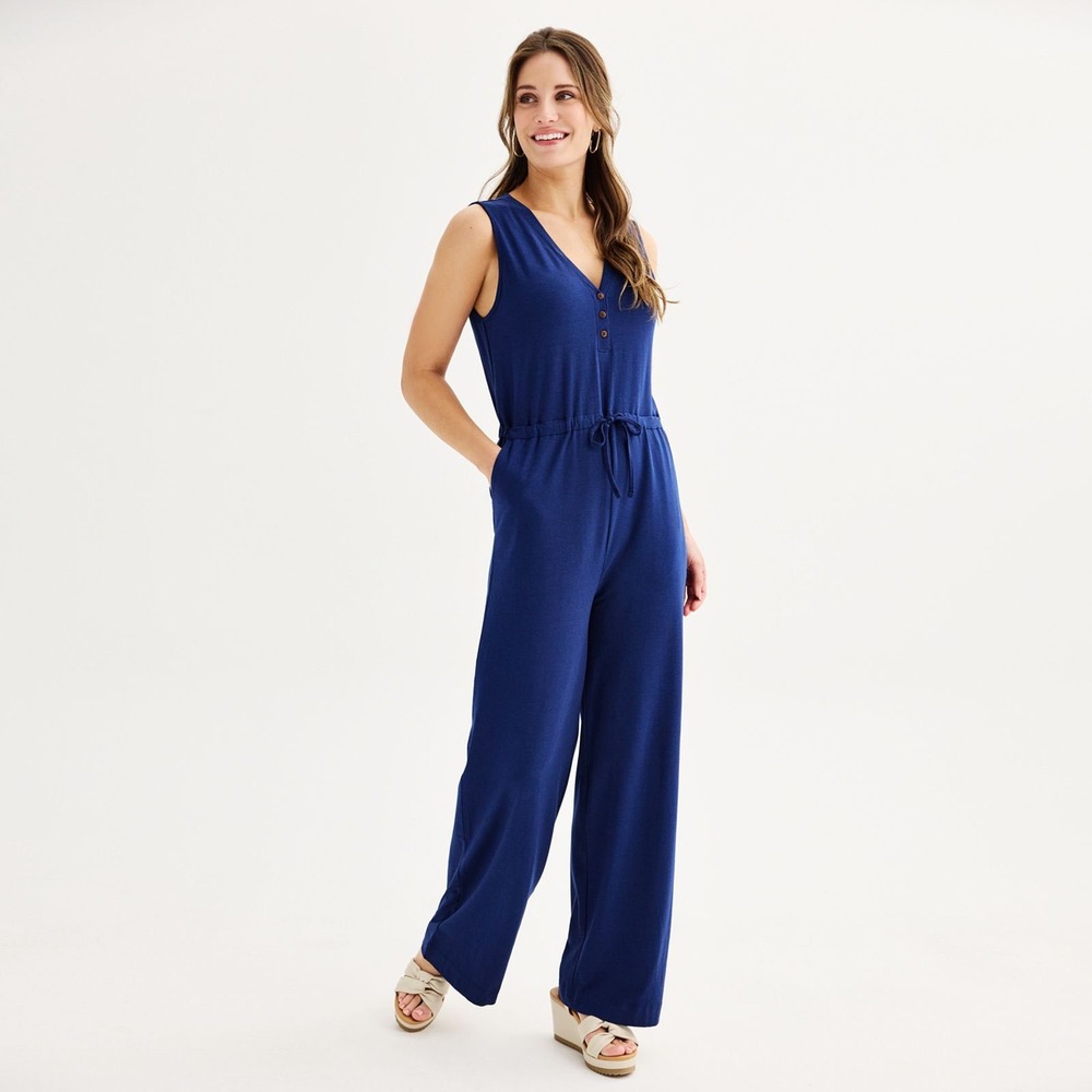 Sonoma Goods For Life Womens XL Blue Sleeveless Wide Leg Knit Jumpsuit NWT